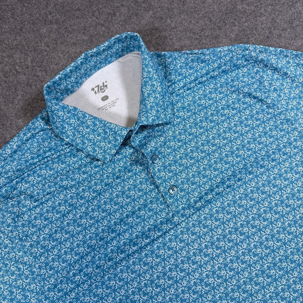 1764 Signature Polo Shirt Mens XL Blue Bicycle Print Golf Performance Stretch